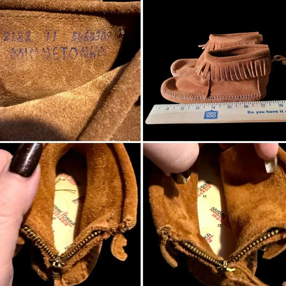 Minnetonka Girls Fringe Moccasin Boots Size 11 Suede Back Zip
